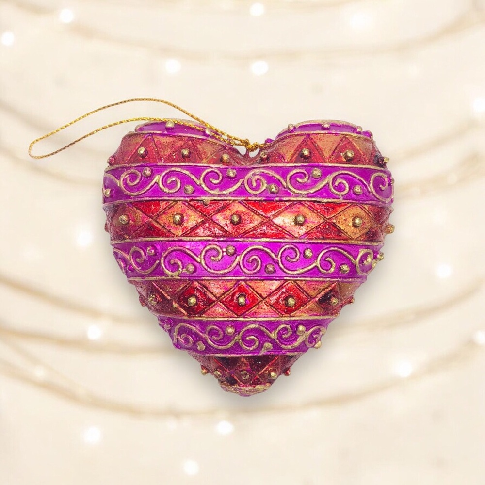 VTG Red Purple Heart Gold Ornate Glittery Christmas Ornament Art Deco lover gift